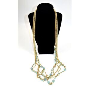 VTG Premier Designs Multi Strand‎ Necklace Gold Tone Iridescent Blue Stones 36"